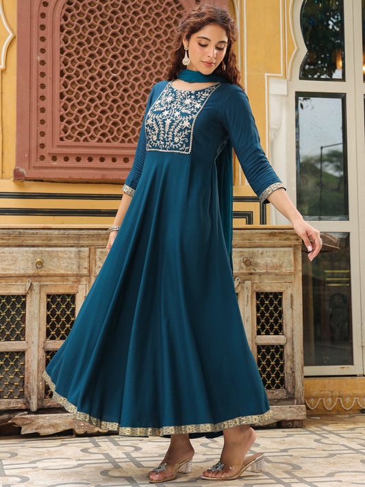 Janasya Dark Rayon Yoke Embroidery Anarkali Kurta Set | Swadesiicart