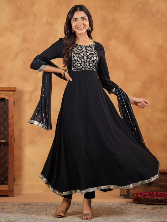 Janasya Black Rayon Embroidered Kurta,Bottom & Dupatta | Swadesiicart
