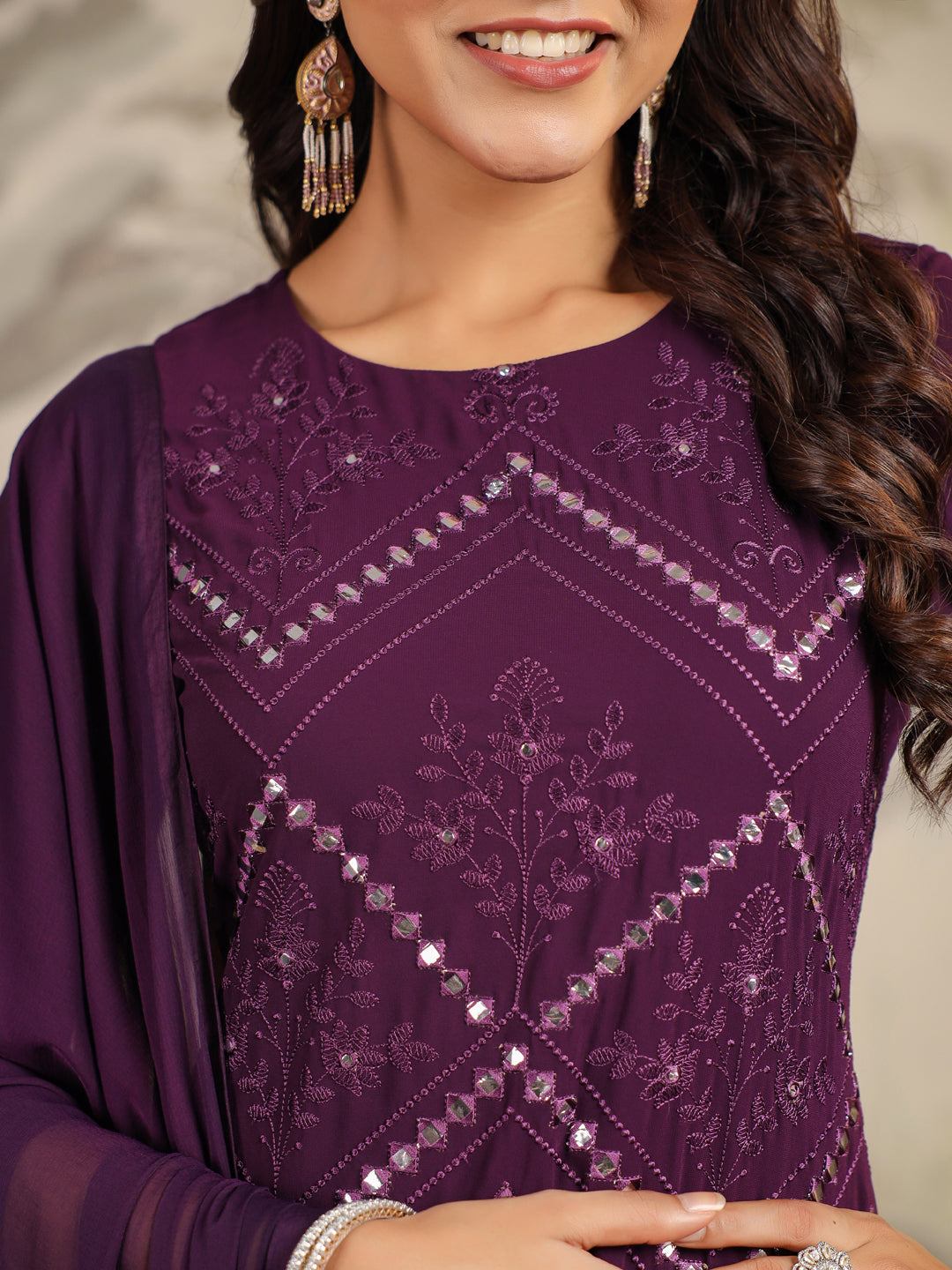 Janasya Purple Weightless Georgette Embroidered Kurta,Bottom & Dupatta | Swadesiicart