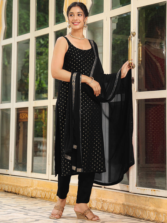 Janasya Dark Rayon Foil Print Straight Kurta Set | Swadesiicart