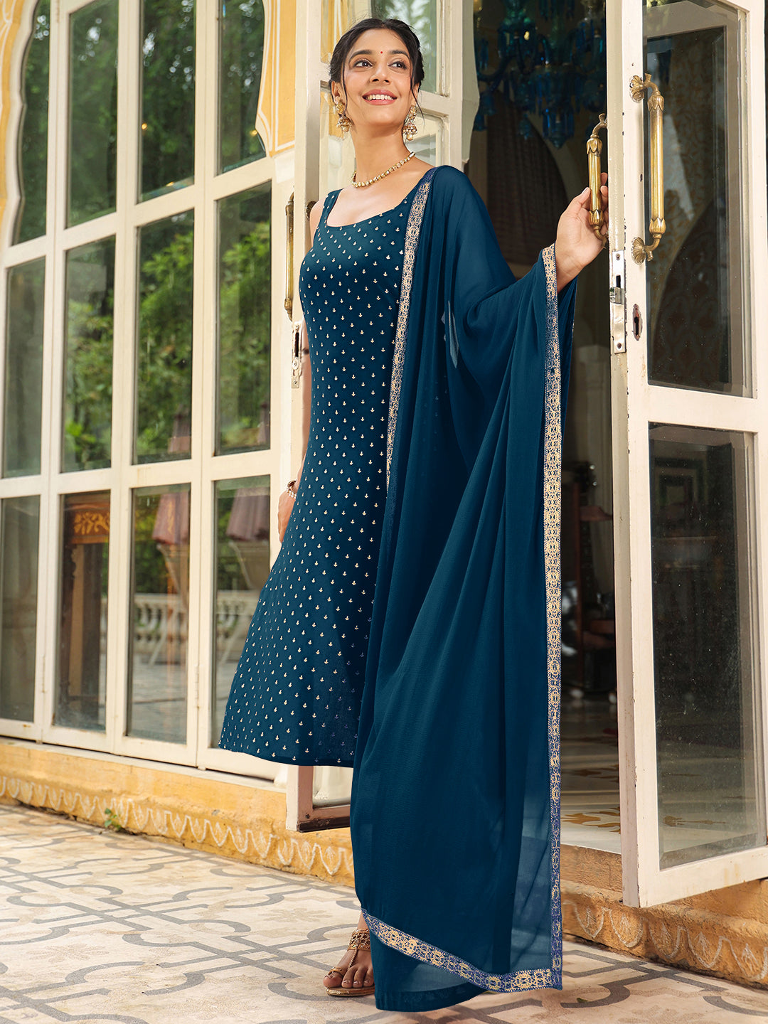 Janasya Dark Rayon Foil Print Straight Kurta Set | Swadesiicart