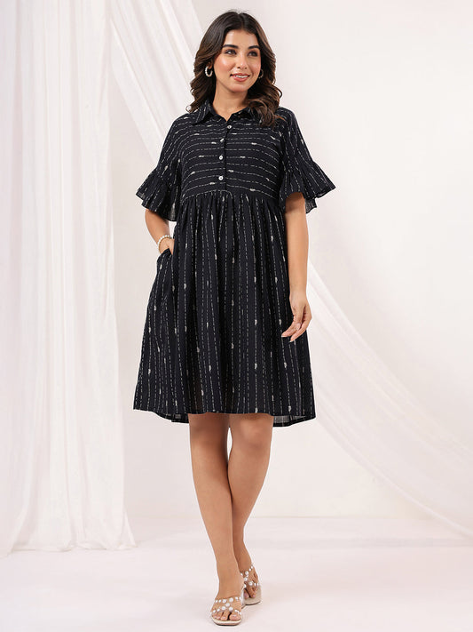 Janasya Dark Cotton Striped A-Line Dress | Swadesiicart
