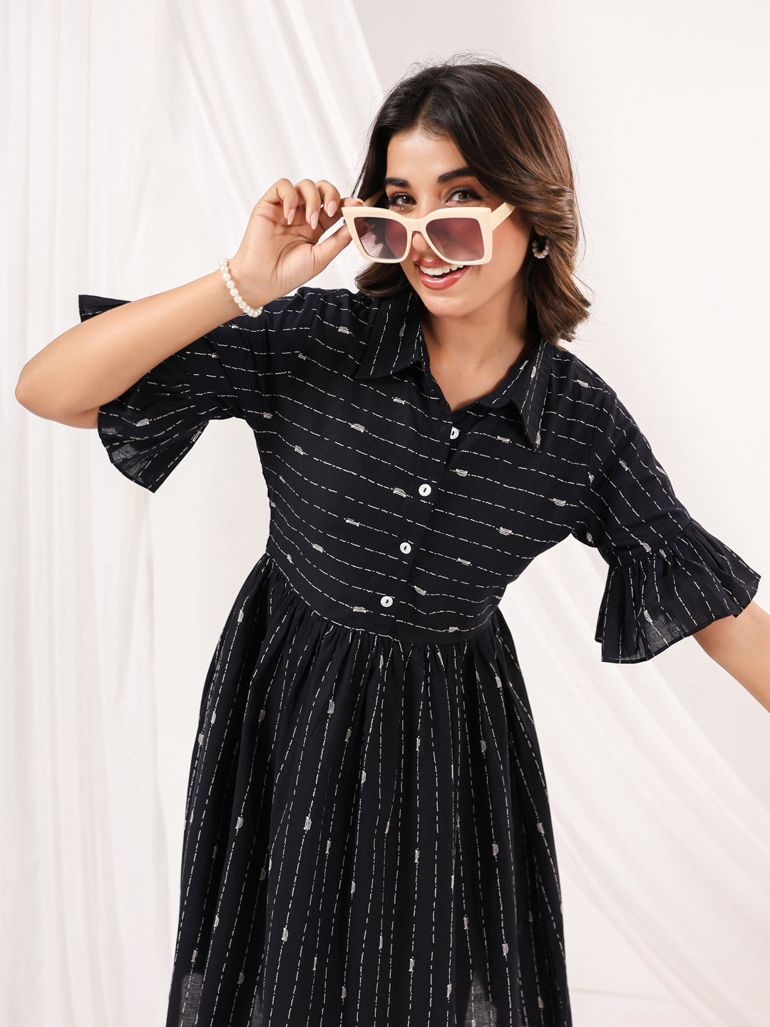 Janasya Dark Cotton Striped A-Line Dress | Swadesiicart