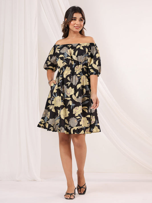 Janasya Dark Cotton Floral A-Line Dress | Swadesiicart