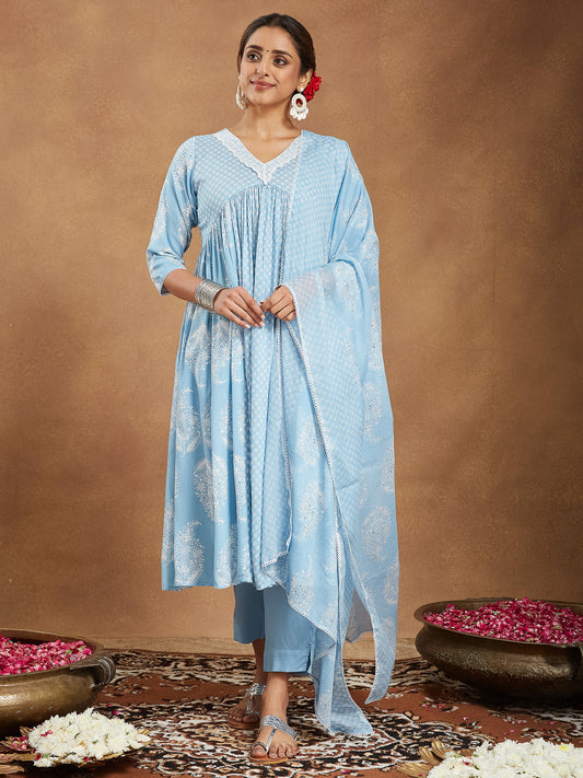 Janasya Light Rayon Ethnic Motifs A-Line Kurta Set | Swadesiicart