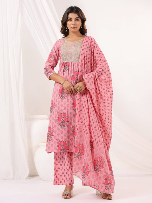Janasya Light Cotton Floral A-Line Kurta Set | Swadesiicart