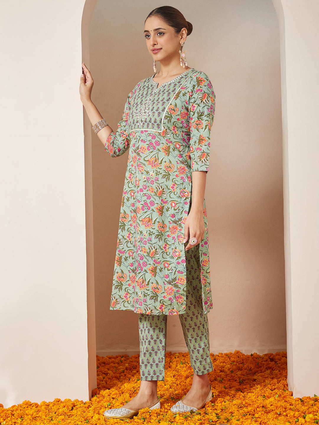Janasya Light Cambric Floral A-Line Kurta Set | Swadesiicart
