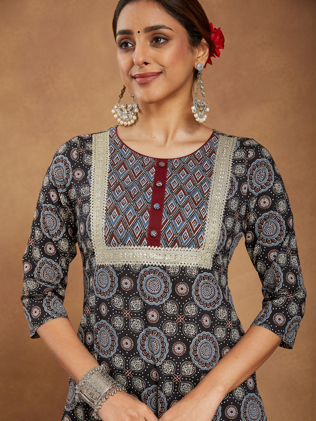 Janasya Dark Cotton Ajrakh Straight Kurta Set | Swadesiicart
