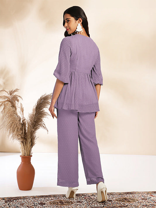 Janasya Light Dobby Chiffon Self Design Peplum Top & Bottom Set | Swadesiicart