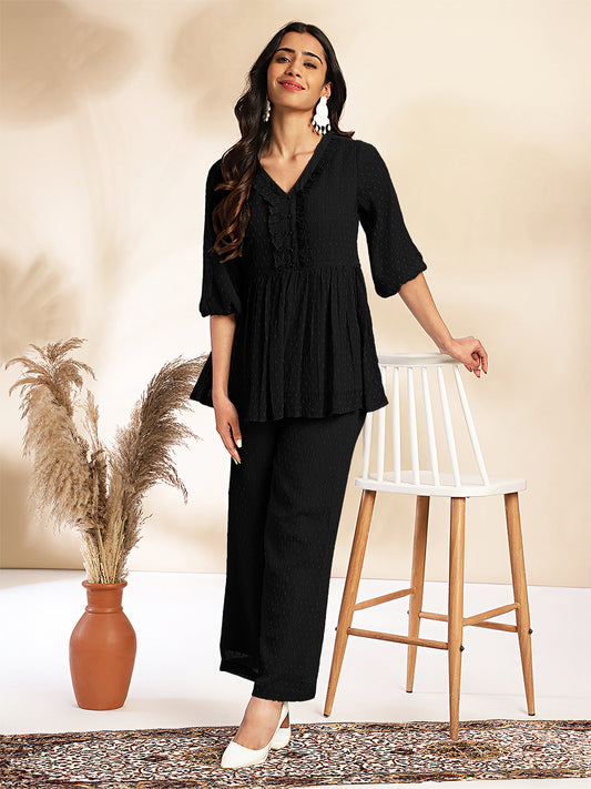 Janasya Light Dobby Chiffon Self Design Peplum Top & Bottom Set | Swadesiicart