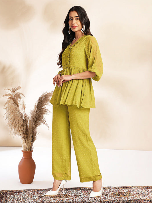 Janasya Light Dobby Chiffon Self Design Peplum Top & Bottom Set | Swadesiicart