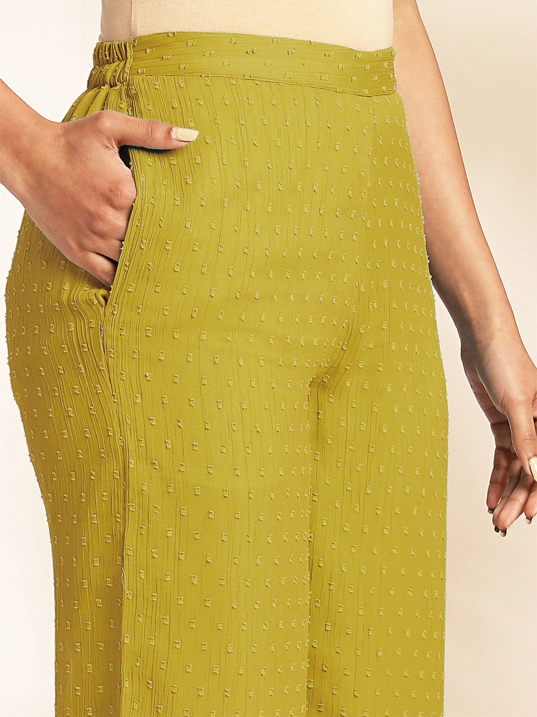 Janasya Light Dobby Chiffon Self Design Peplum Top & Bottom Set | Swadesiicart