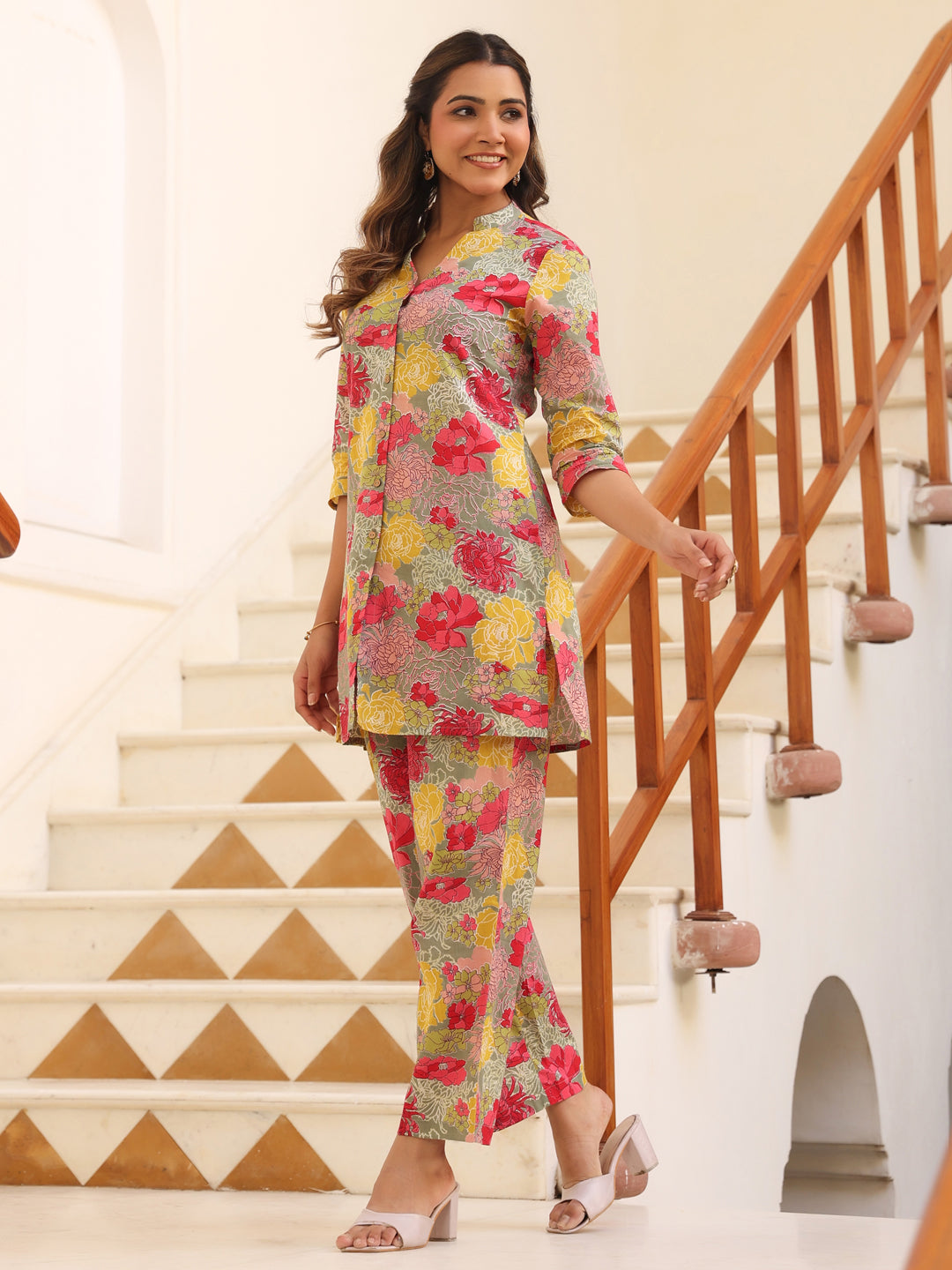 Janasya Dark Cotton Floral Straight Top & Bottom Set | Swadesiicart