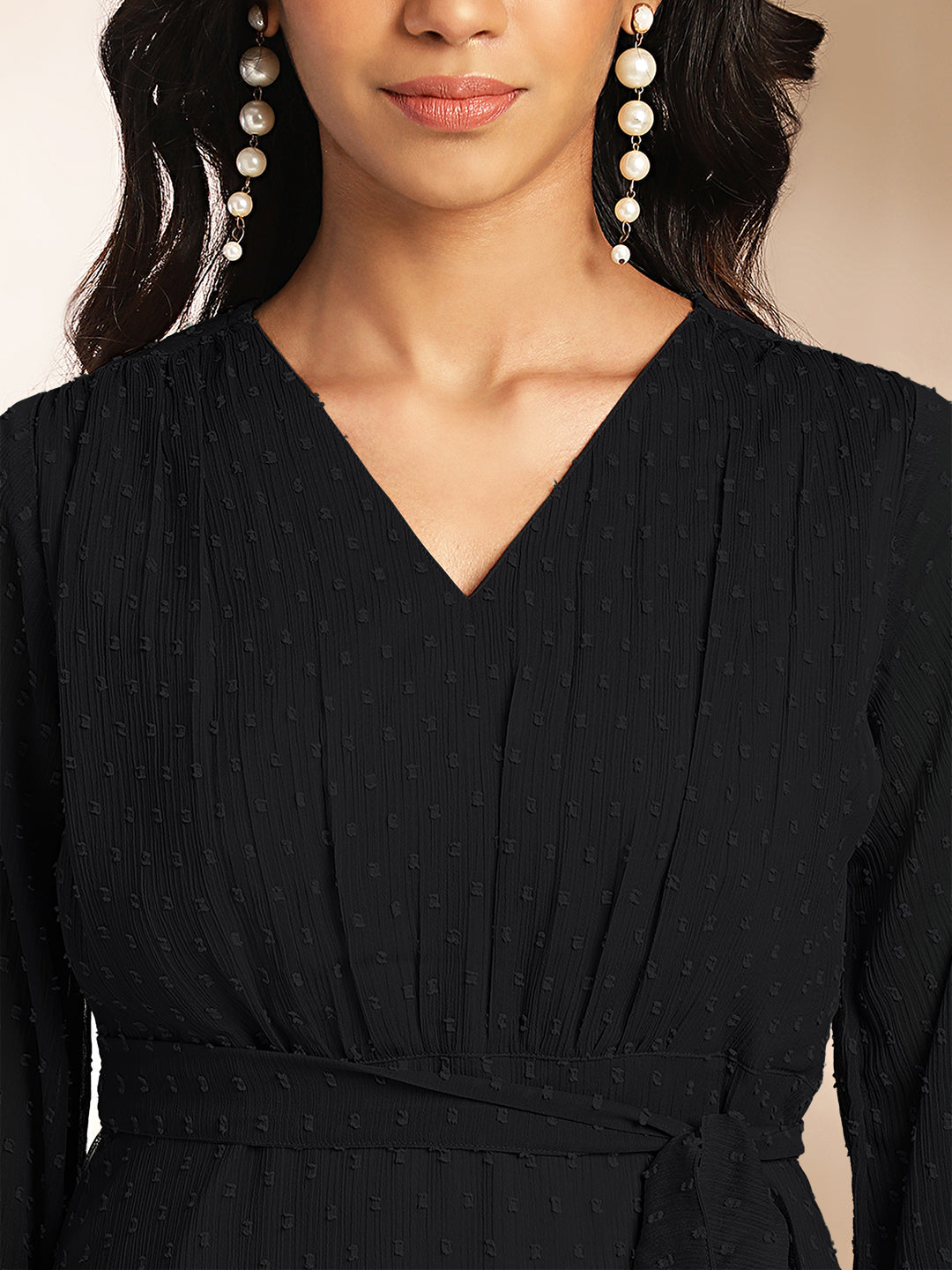 Janasya Dark Dobby Chiffon Woven Design Tiered Dress | Swadesiicart