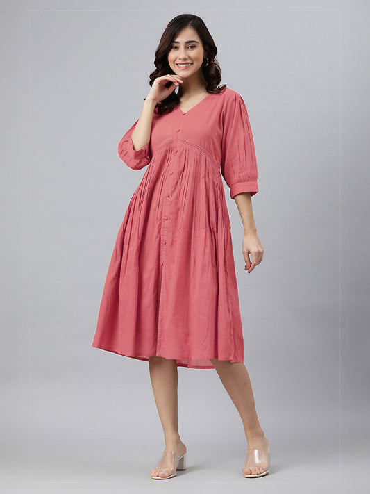 Janasya Bright Cotton Solid Gathered Dress | Swadesiicart