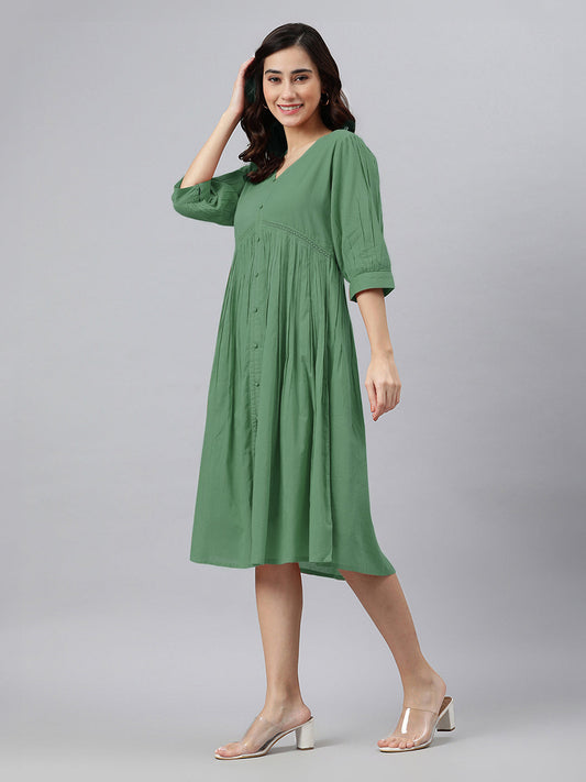 Janasya Bright Cotton Solid Gathered Dress | Swadesiicart