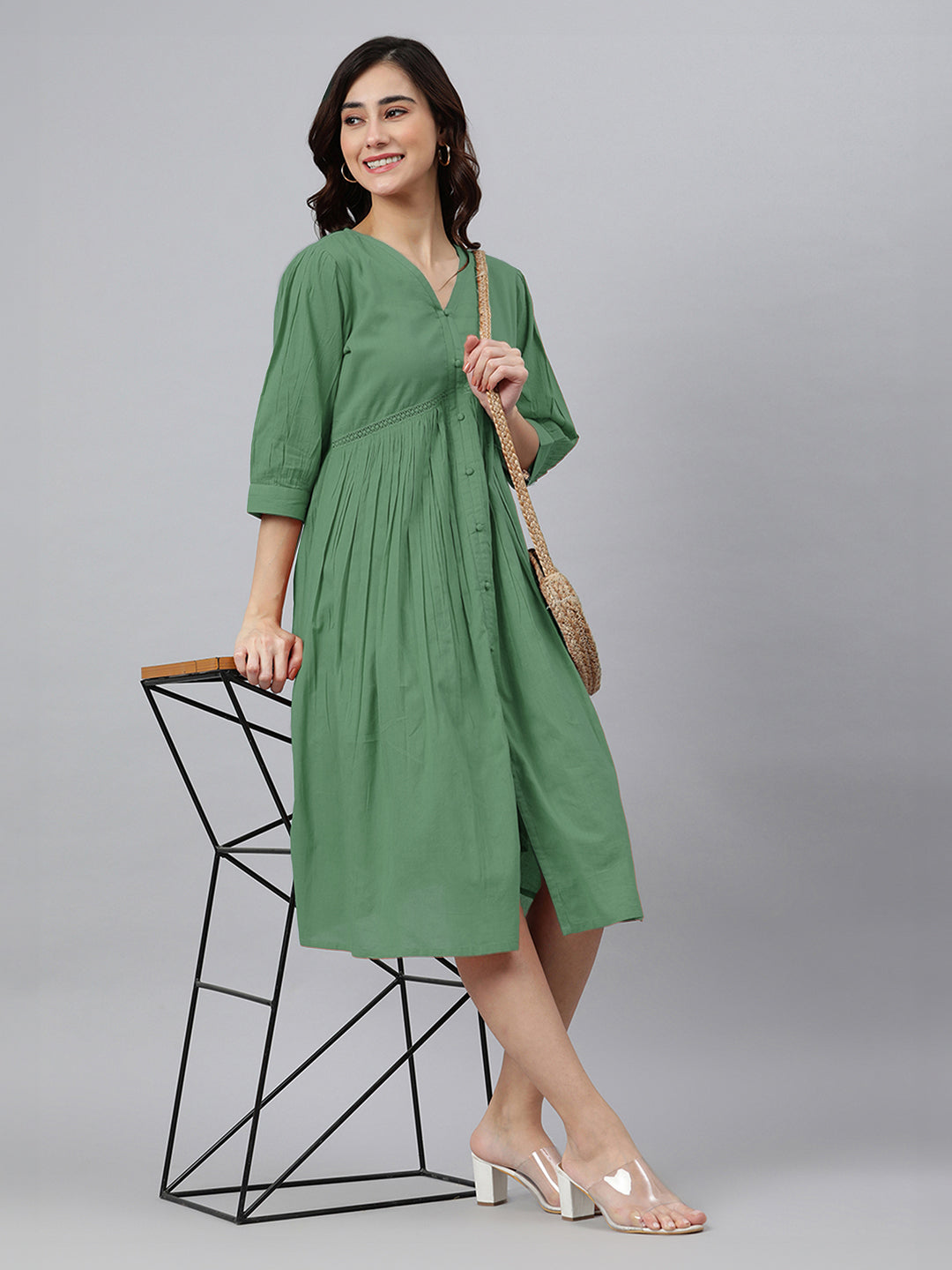 Janasya Bright Cotton Solid Gathered Dress | Swadesiicart