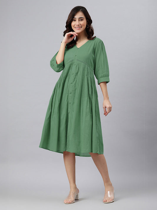 Janasya Bright Cotton Solid Gathered Dress | Swadesiicart