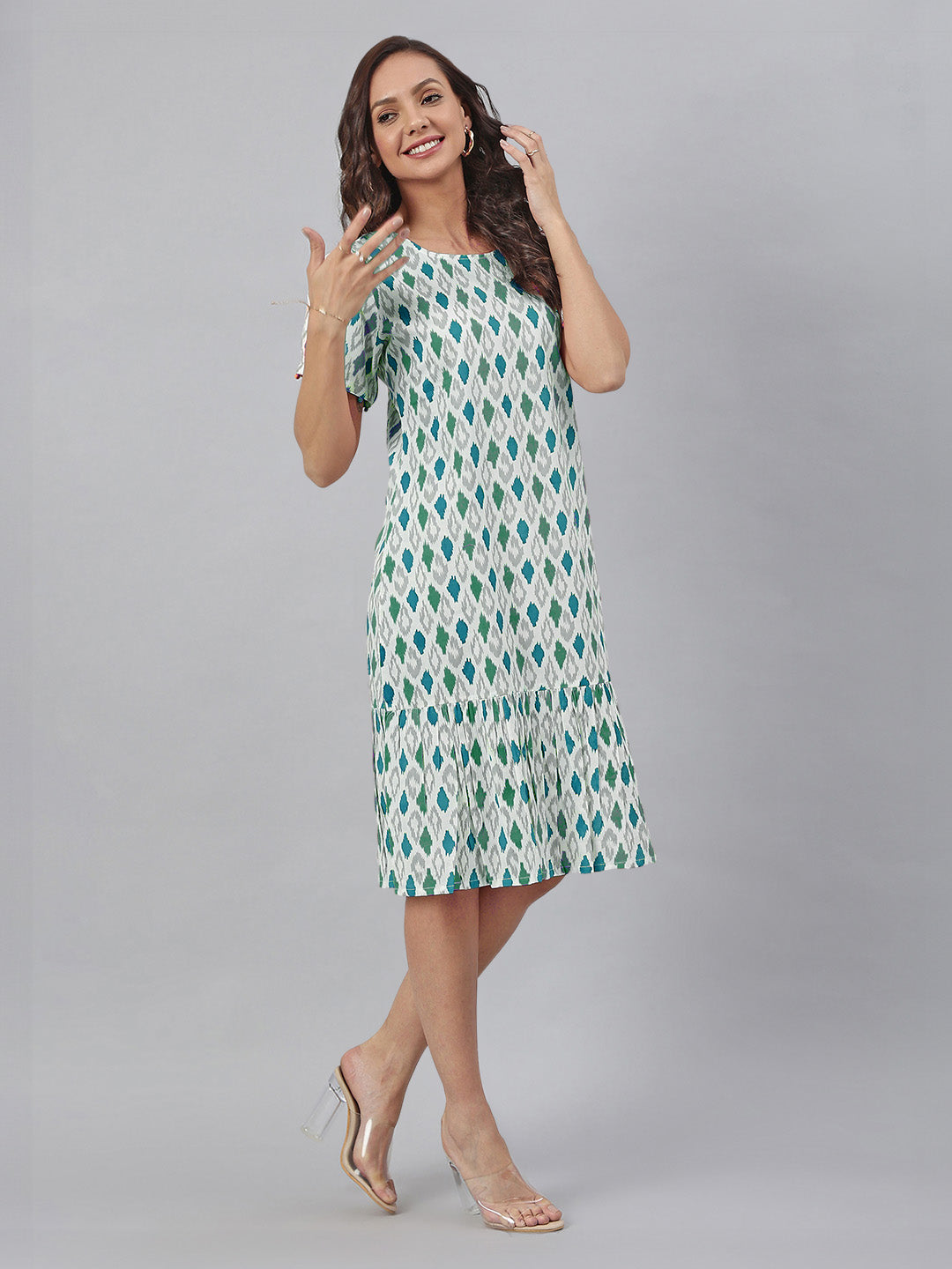 Janasya Bright Cotton Ikkat A-Line Dress | Swadesiicart