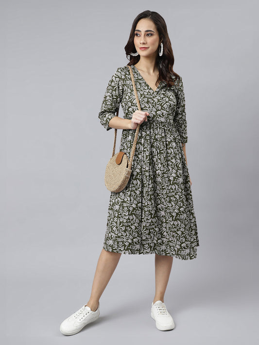 Janasya Dark Cotton Floral Angrakha Dress | Swadesiicart