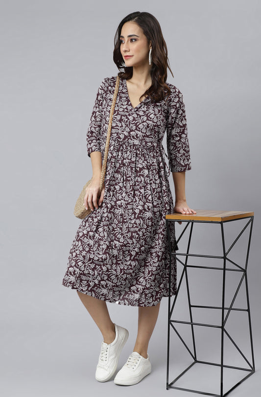 Janasya Dark Cotton Floral Angrakha Dress | Swadesiicart