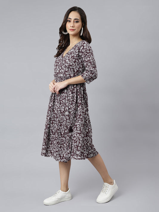 Janasya Dark Cotton Floral Angrakha Dress | Swadesiicart
