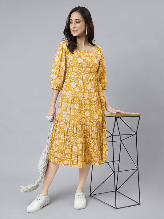 Janasya Bright Cotton Floral Tiered Dress | Swadesiicart