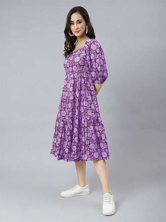 Janasya Bright Cotton Floral Tiered Dress | Swadesiicart