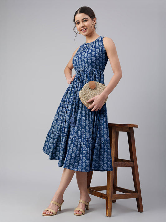 Janasya Bright Cotton Floral Tiered Dress | Swadesiicart