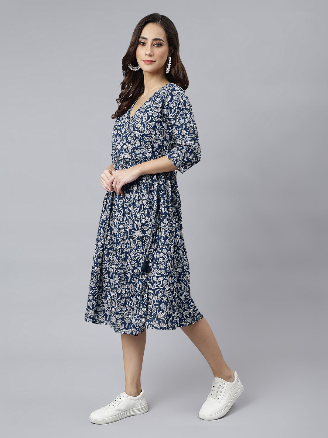 Janasya Dark Cotton Floral Angrakha Dress | Swadesiicart