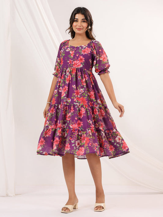 Janasya Bright Georgette Floral Tiered Dress | Swadesiicart