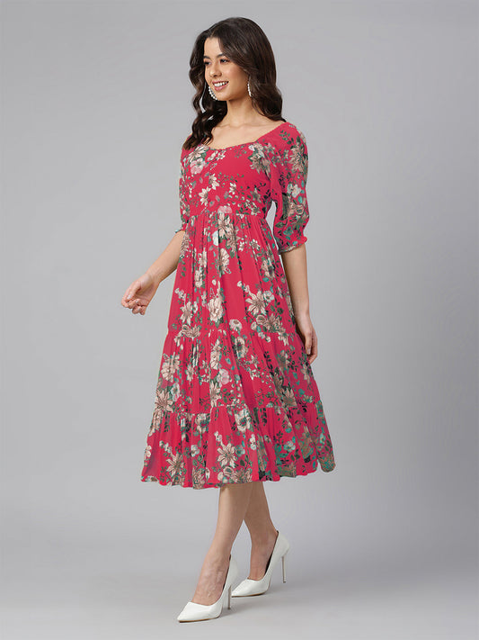 Janasya Bright Georgette Floral Tiered Dress | Swadesiicart