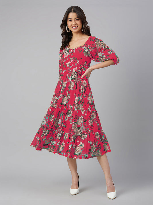 Janasya Bright Georgette Floral Tiered Dress | Swadesiicart