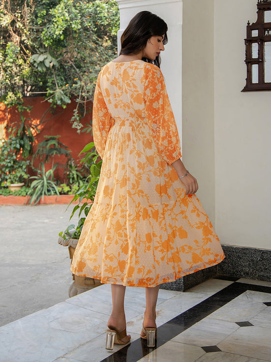 Janasya Bright Georgette Floral Fit & Flare Dress | Swadesiicart