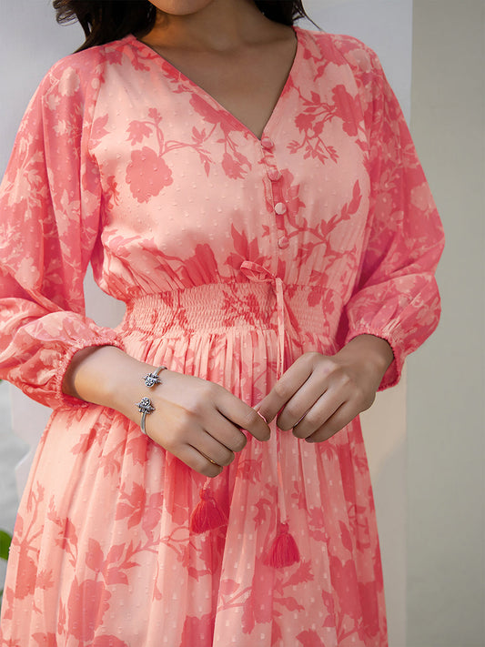 Janasya Bright Georgette Floral Fit & Flare Dress | Swadesiicart