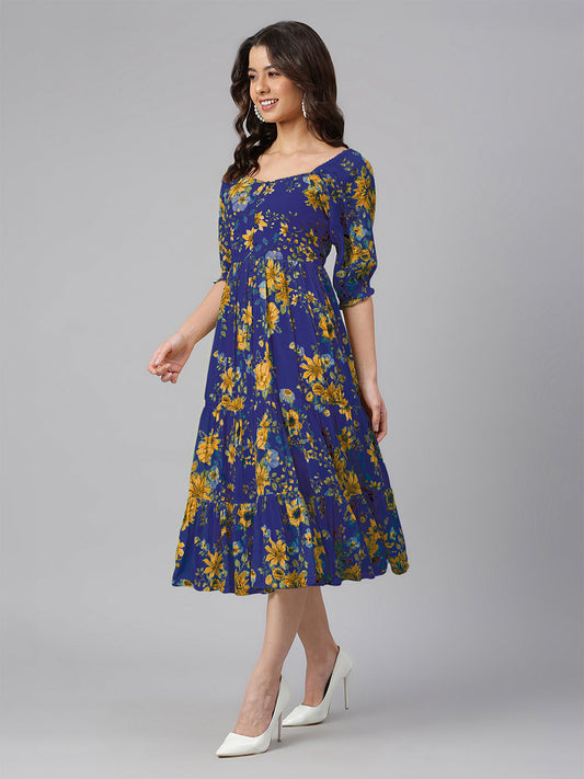 Janasya Bright Georgette Floral Tiered Dress | Swadesiicart
