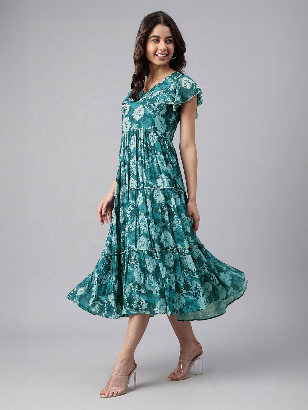 Janasya Dark Georgette Floral Tiered Dress | Swadesiicart