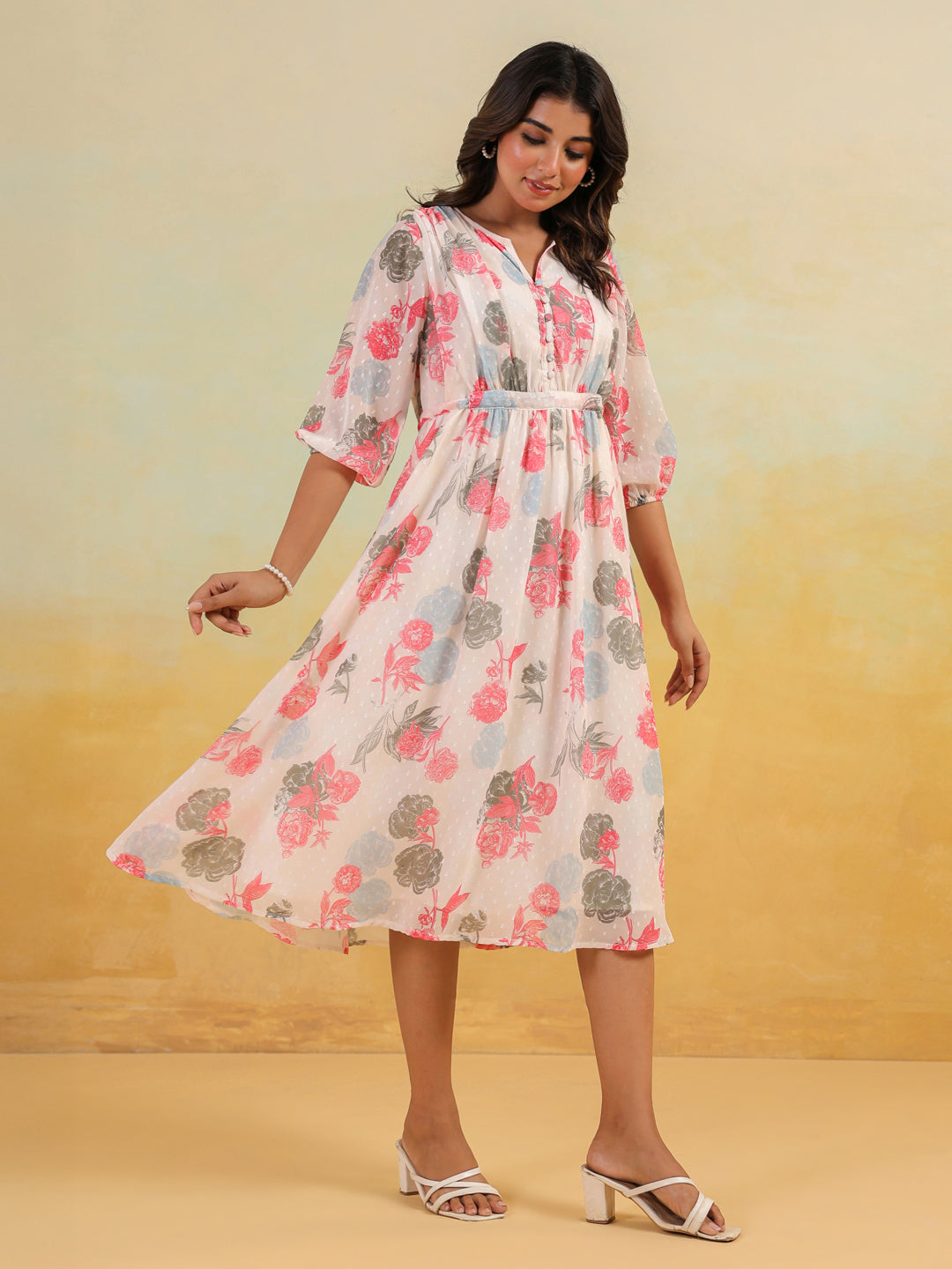 Janasya Light Georgette Floral Flared Dress | Swadesiicart