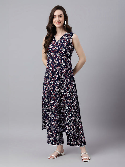 Janasya Dark Cotton Floral A-Line Kurta Set | Swadesiicart