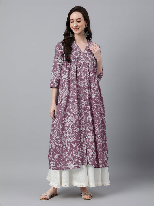 Janasya Light Cotton Floral Flared Kurta - Swadesiicart