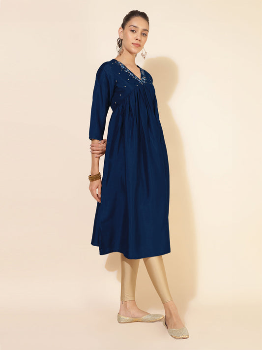 Janasya Dark Silk Blend Yoke Embroidery A-Line Kurta - Swadesiicart