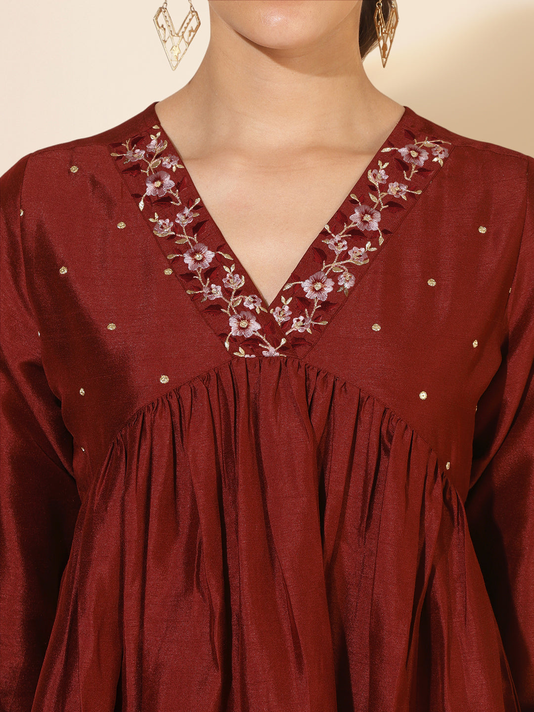 Janasya Dark Silk Blend Yoke Embroidery A-Line Kurta - Swadesiicart