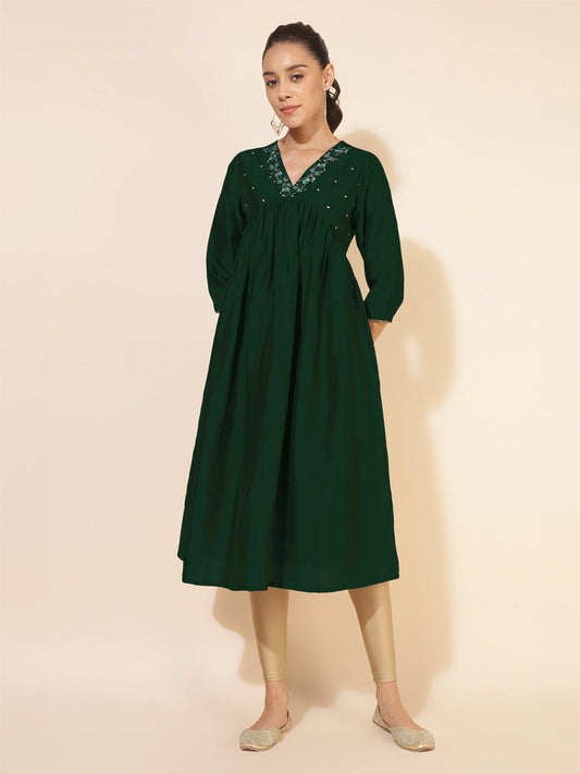 Janasya Dark Silk Blend Embroidered A-Line Kurta - Swadesiicart