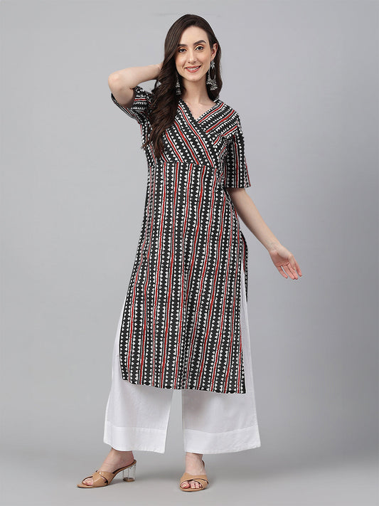 Janasya Dark Cotton Geometric Straight Kurta - Swadesiicart