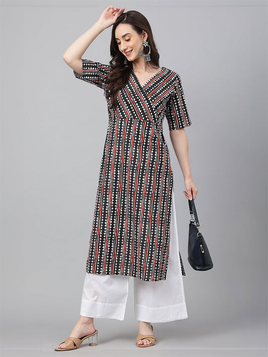 Janasya Dark Cotton Geometric Straight Kurta - Swadesiicart