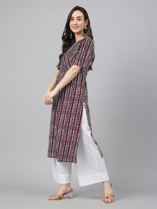 Janasya Dark Cotton Geometric Straight Kurta - Swadesiicart