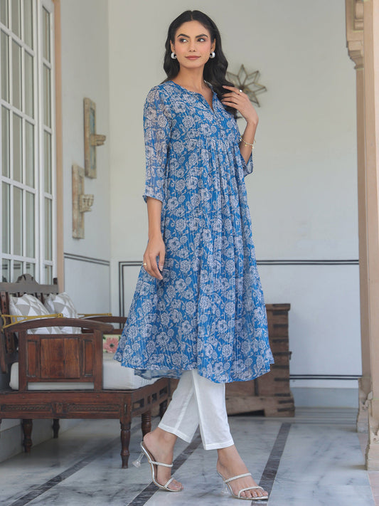Janasya Dark Chiffon Floral A-Line Kurta | Swadesiicart