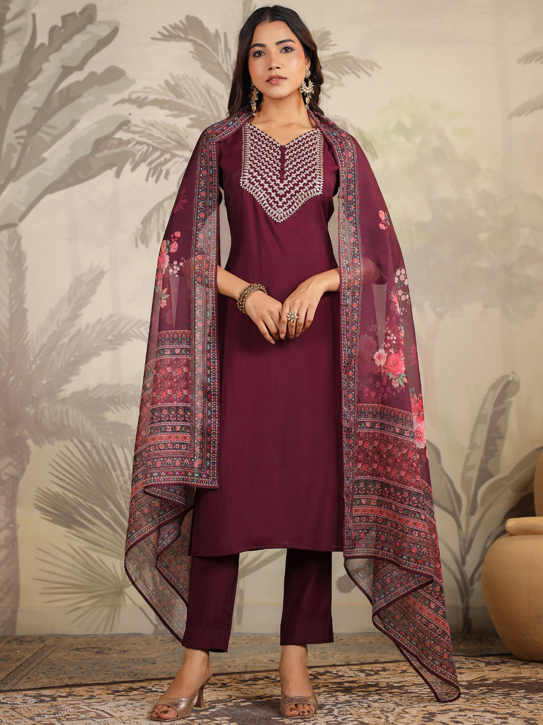 Janasya Dark Chanderi Yoke Embroidery Straight Kurta Set | Swadesiicart