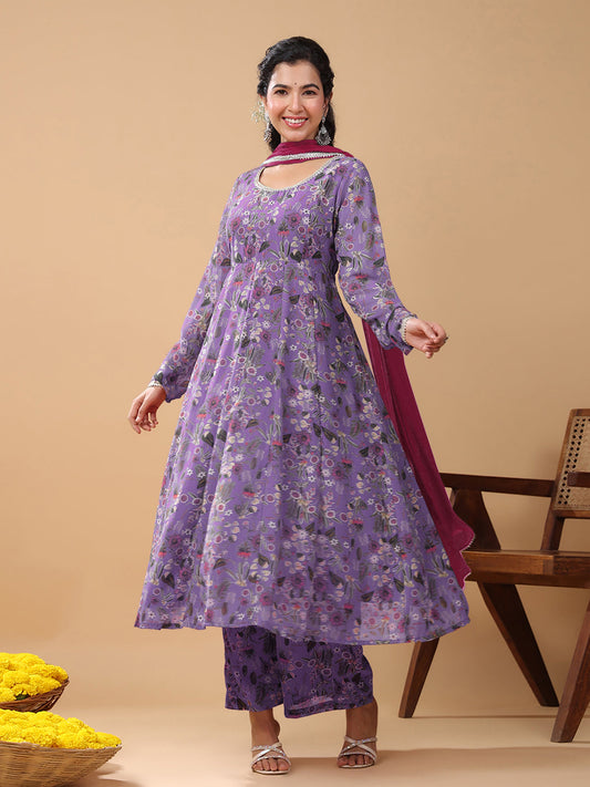 Janasya Bright Georgette Floral A-Line Kurta Set | Swadesiicart