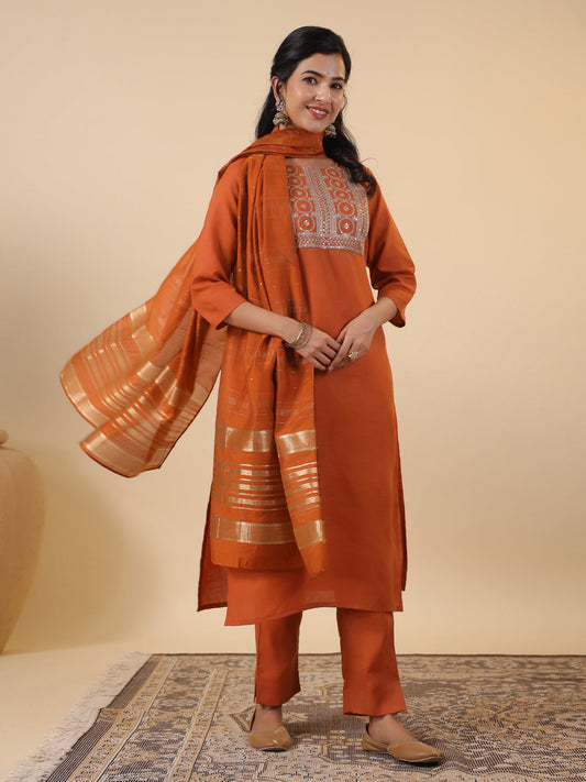 Janasya Dark Cotton Blend Yoke Embroidery Straight Kurta Set | Swadesiicart